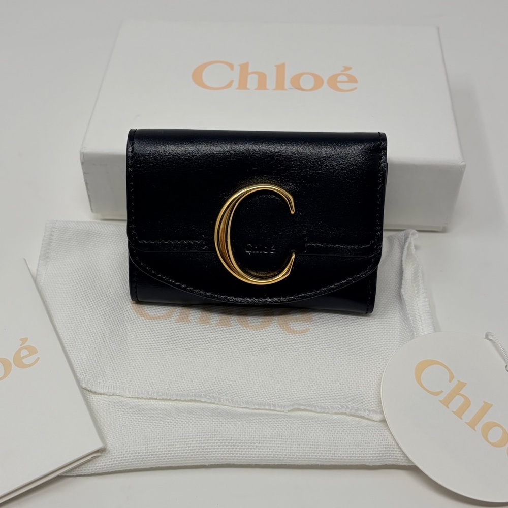 Chloé Black Leather Small C Trifold Wallet